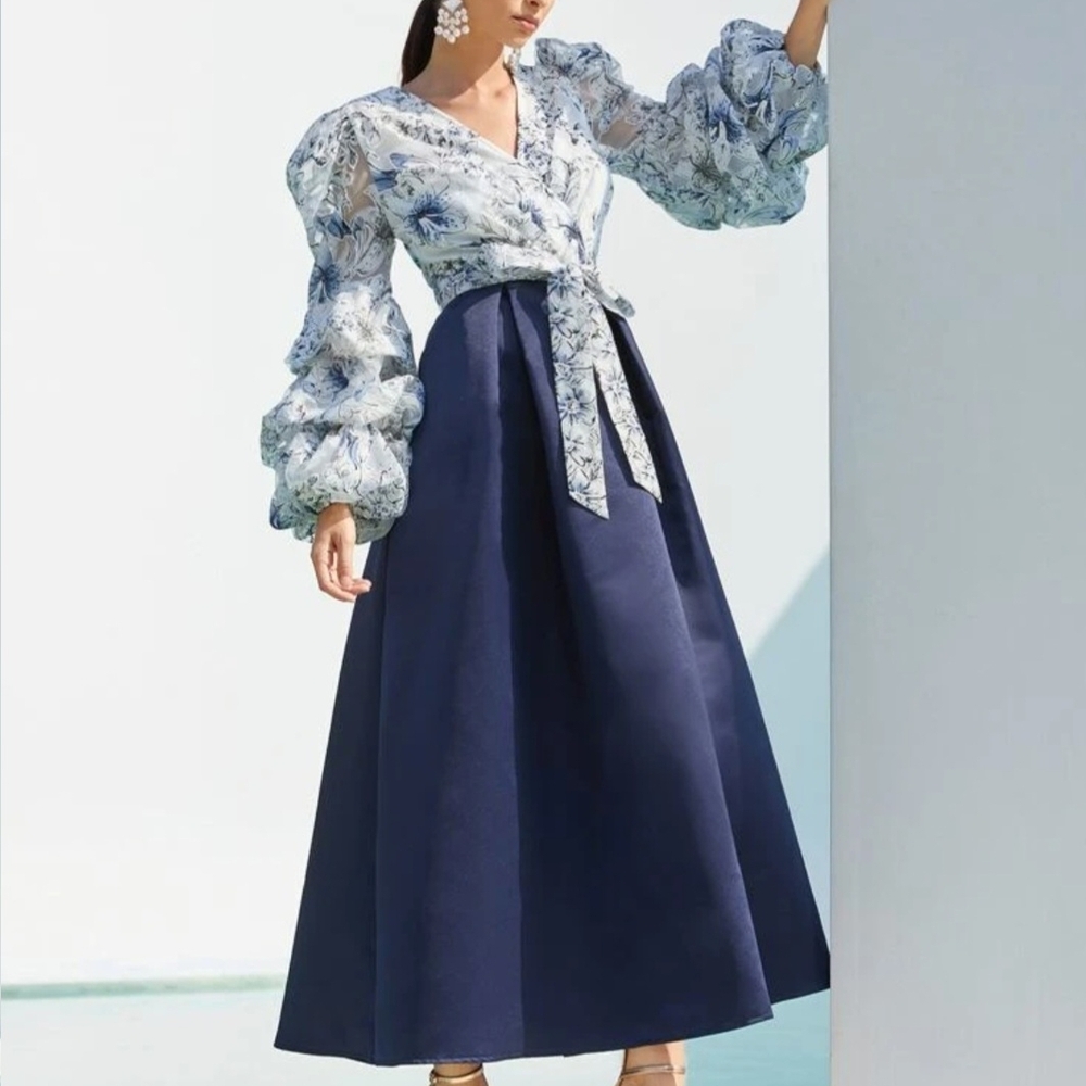 Elegant Navy Blue Dress with Floral Top